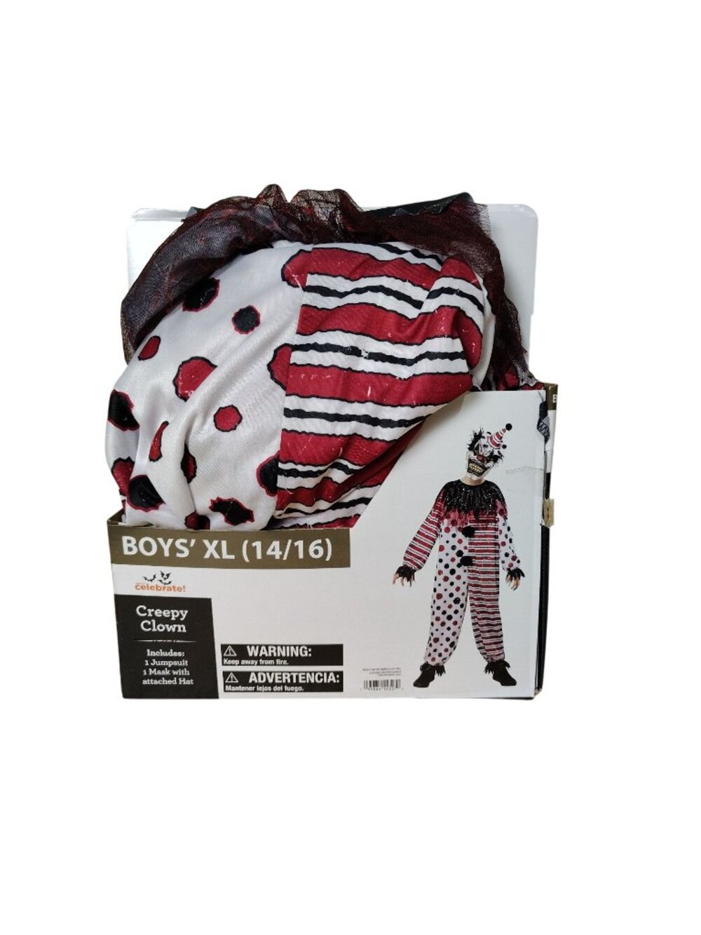 Way To Celebrate Creepy Clown Costume Boys XL 14-16 Jumpsuit Mask Costume Set